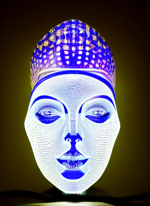 Image similar to ( beautiful female queen chess piece ( top is bioluminescence ) ( bottom is parametric ) ), beautiful face, reflection of led lights, algorithmic, intricate detail, futuristic, very detailed, highly detailed background, sharpfocus, photorealism, soft diffuse autumn lights, some sun light ray, dark room wall, canon 5 d 5 0 mm lens