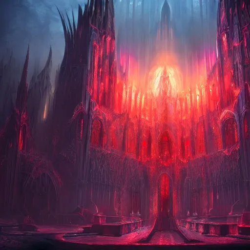 Prompt: a huge chaos dark eldritch cathedral filled with red ray traced light and corruption by WLOP and tony sart and bekinski, god rays, fantasy art, 4k, HDR, photorealistic, 8k, trending on artstation