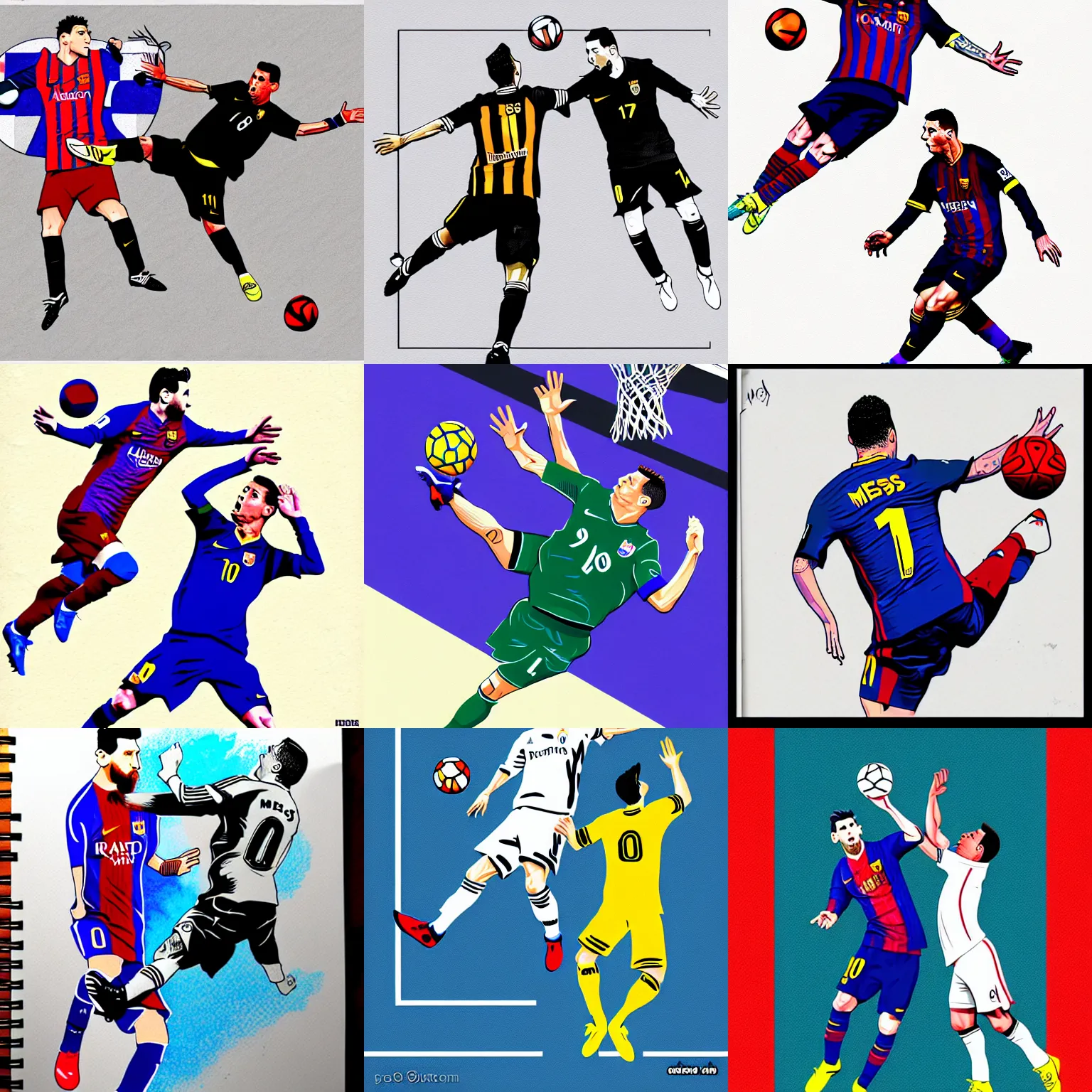 Image similar to Messi dunking on Ronaldo, illustration, sketch