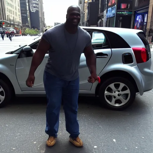 Prompt: amateur photo of shaq getting into a smart car on the streets of new york