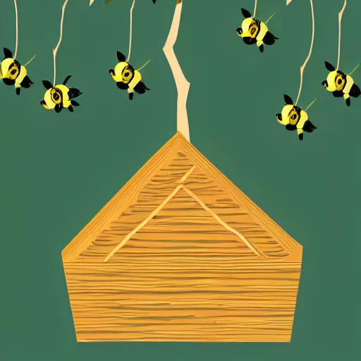 Prompt: vector illustration of a beehive hanging from a tree, with little bees coming out of it, 4 k, sharp details