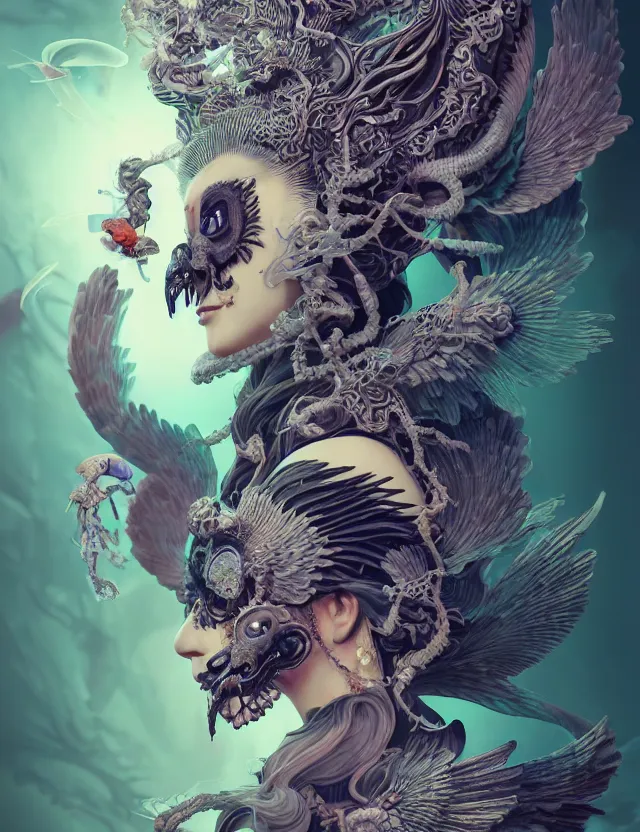 Image similar to 3 d goddess of death close - up profile portrait with ram skull. beautiful intricately detailed japanese crow kitsune mask and clasical japanese kimono. betta fish, jellyfish phoenix, bio luminescent, plasma, ice, water, wind, creature, artwork by tooth wu and wlop and beeple and greg rutkowski