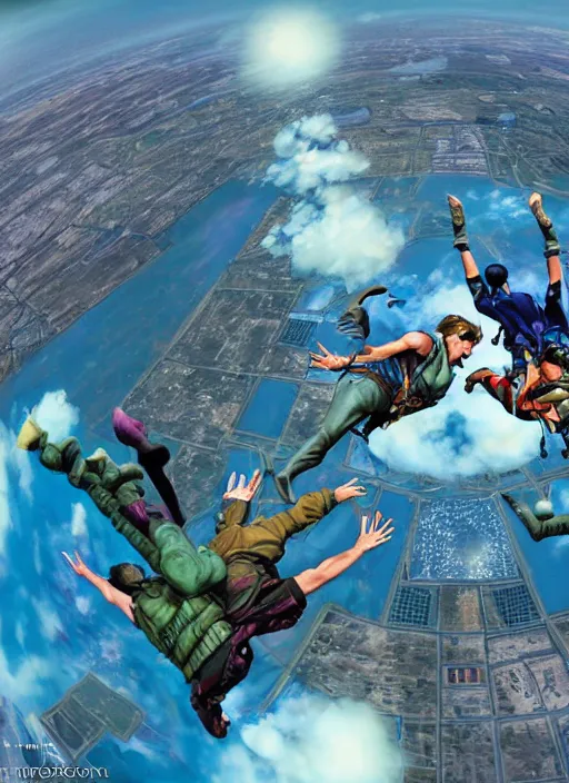 Image similar to An epic fantastic realism comic book style painting of hippies skydiving over the pentagon on acid, fisheye lens, unreal 5, DAZ, hyperrealistic, octane render, dynamic lighting