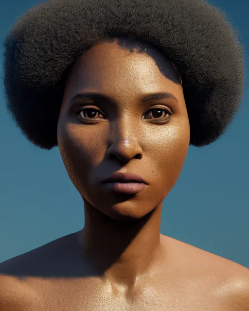 Prompt: future warrior, unreal engine 5, afro, female, blender, symmetrical face, atmosphere, brown skin, gorgeous, depth of field, landscape, lush, ultra realistic, cinematic, macro, artstation, megascan, elegant, epic, Quixel, weta digital, focus, octane render, v-ray, 8k, art by Sonia Delaunay