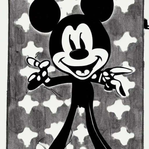 Image similar to grunge drawing of mickey mouse in the style of jack skellington