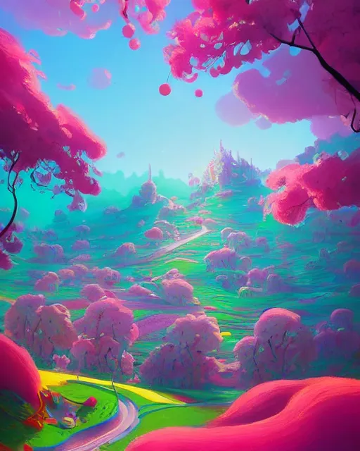 Prompt: candyland landscape | candies desserts cherry - blossoms | highly detailed | very intricate | fantasy whimsical magical | soft bright natural morning light | pixar | award - winning | matte painting by anton fadeev and paul lehr and rhads and alena aenami | pastel color palette | featured on artstation