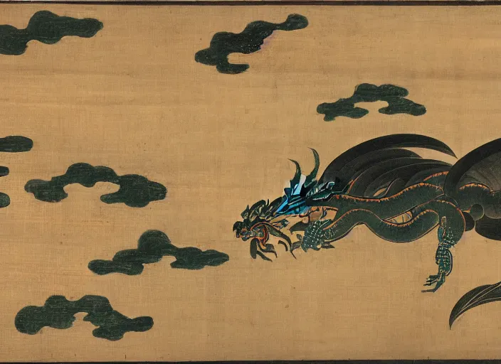 Prompt: Coherent Edo period art of a dragon above a seashore landscape