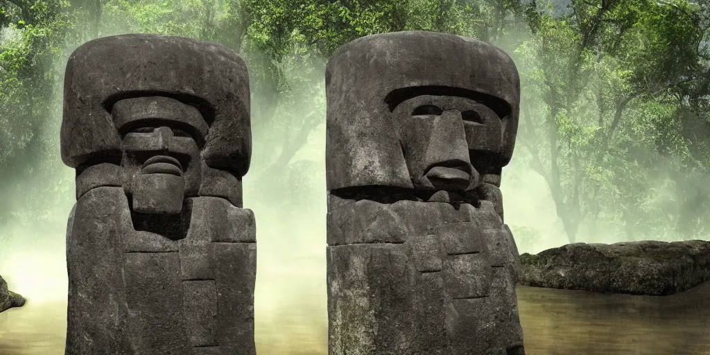 Image similar to olmec head statue on top of a column, at the center of a river delta in the amazon forest, dramatic landscape, volumetric light, digital art, trending on deviantart