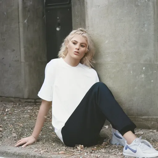 Image similar to realistic photoshooting for a new nike lookbook, color film photography, portrait of a beautiful blonde woman, in style of Davey Adesida, 35mm, film photo