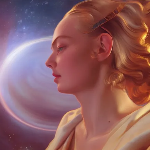 Image similar to leyendecker and peter paul rubens, head and shoulders portrait of a elle fanning in front of a black hole in space, unreal engine, fantasy art by global illumination, radiant light, detailed and intricate environment