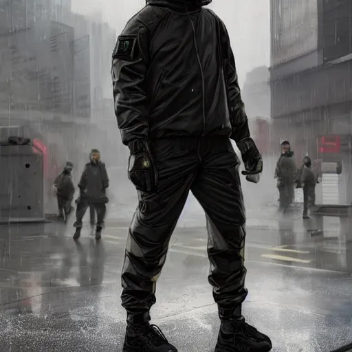 Image similar to A broad shouldered, muscular man in a Acronym Riot Division Nike techwear outfit, wearing black Acronym P31-ds pants, beige-earth Parka jacket, trending on r/techwearclothing, high quality, digital art, dirty cyberpunk city, rain, greg rutkowski