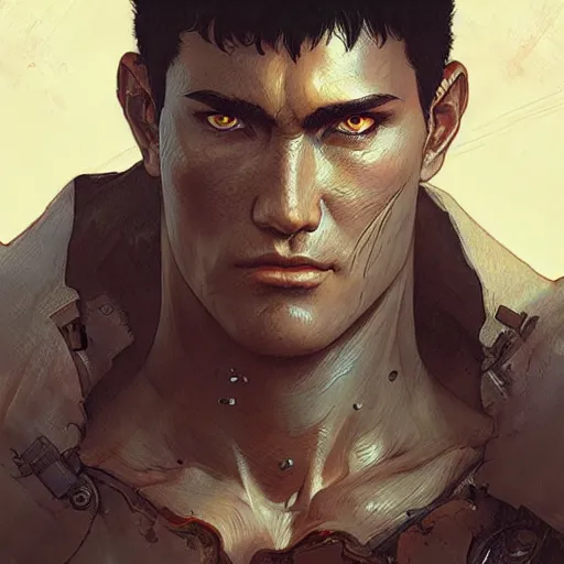 Image similar to guts from berserk , highly detailed, digital painting, artstation, concept art, sharp focus, illustration, art by greg rutkowski and alphonse mucha