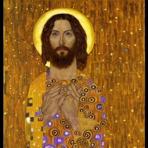 Image similar to Jesus Christ with open arms in the style of Klimt