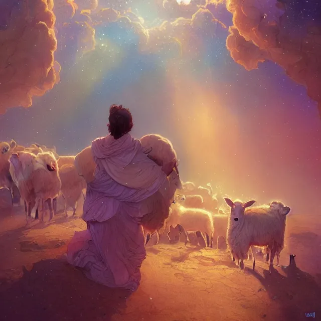 Prompt: bedouin father with sheeps surrounded by nebula, highly detailed, gold filigree, romantic storybook fantasy, soft cinematic lighting, award, disney concept art watercolor illustration by mandy jurgens and alphonse mucha and alena aenami, pastel color palette, featured on artstation