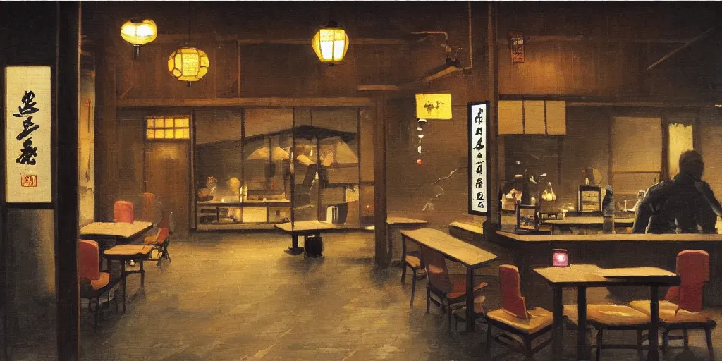 Image similar to A Japanese cafe in the style of the Nighthawk painting, highly detailed, mysterious atmosphere