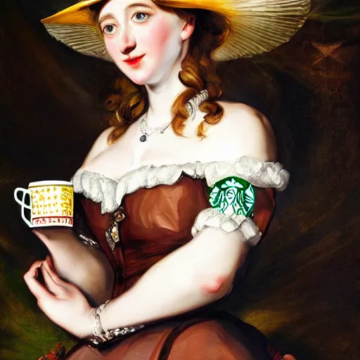 Image similar to eavenly summer sharp land sphere scallop well dressed lady holding a starbucks coffee, auslese, by peter paul rubens and eugene delacroix and karol bak, hyperrealism, digital illustration, fauvist, starbucks coffee, green coffee logo