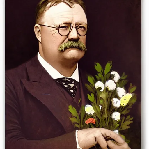 Prompt: beautiful Teddy Roosevelt holding boquet of flowers art by artgerm and greg rutkowski and alphonse mucha