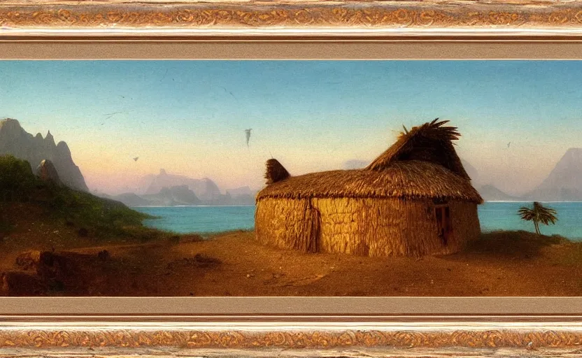 Image similar to small ancient times hut overlooking the ocean, close up shot, at dusk, distant mountains, 4k, rule of thirds, extreme detail, hazy water, intricate ink illustration, trending on artstation, cgsociety, hd, calm, complimentary colours, realistic lighting, by Albert Bierstadt, Frederic Edwin Church.