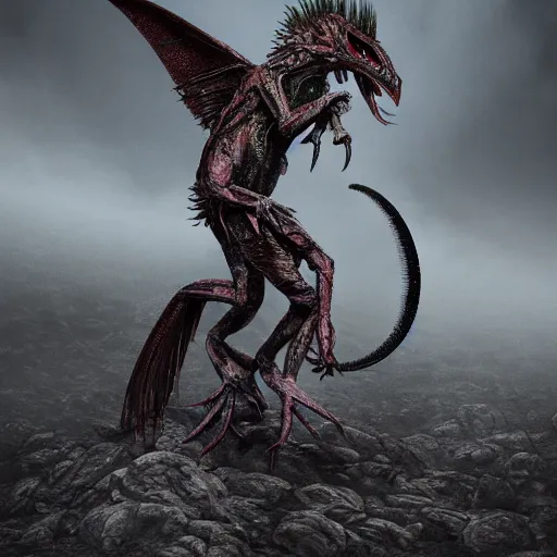 Prompt: a reptile bird chimera hybrid with claws fangs bristles feathers tails wearing surreal clothes wielding excalibur, on a dark alien world with imposing stone ruins, during a hail storm, in the style of boris vellejo, julie bell, giger, gerald brom, leng jun, fantasy, dramatic studio lighting, science fiction, octane render 8 k