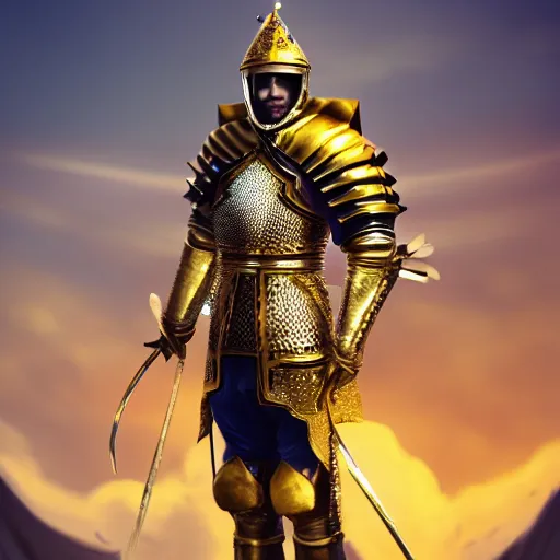 Image similar to a highly detailed knight in a T golden helmet and a golden crown with a blue diamond in the center, golden armor, leather clothes under the armor, leather gloves, holds a black sword, artstation, DeviantArt, professional, octane render, sunset lighting