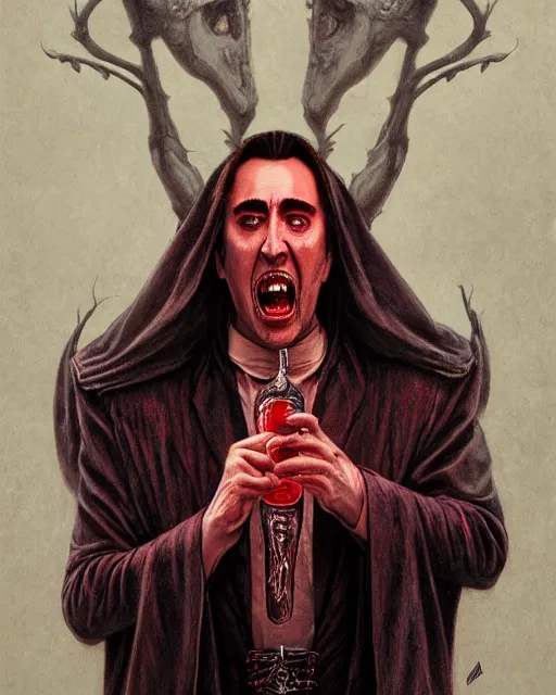 Image similar to nicolas cage as dracula, drink blood, highly detailed, centered, artstation, concept art, smooth, sharp focus, illustration, bokeh art by artgerm and donato giancola and joseph christian leyendecker zdzisław beksinski