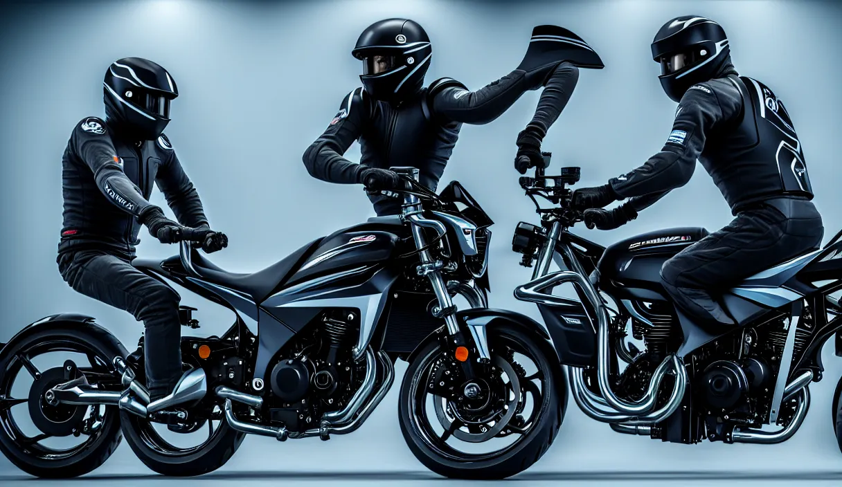 Image similar to futuristic version of suzuki bandit bike, high detail design, volumetric lighting, from new movie by digital domain and weta digital, strong ambient occlusion