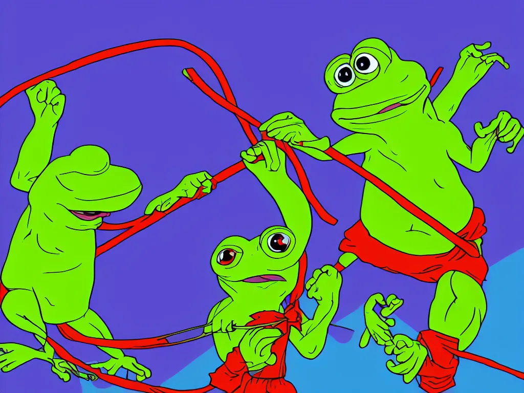 Image similar to illustration of a pepe the frogs with a whip, stunning scene, perfect face, bright colors, 4 k resolution, trending on artstation