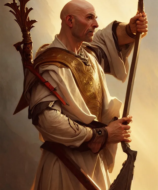 Prompt: portrait of biblical bald cain holding a lance, intricate, headshot, highly detailed, digital painting, artstation, concept art, sharp focus, cinematic lighting, illustration, art by artgerm and greg rutkowski, alphonse mucha, cgsociety