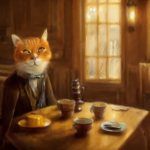 Image similar to brown cat with yellow eyes is sitting at table in a cafe at paris in early 2 0 th century. atmospheric feeling, warm colours, brown colours, yellow colours, epic scene, cinematic, very detailed, concept art, trending on artstation