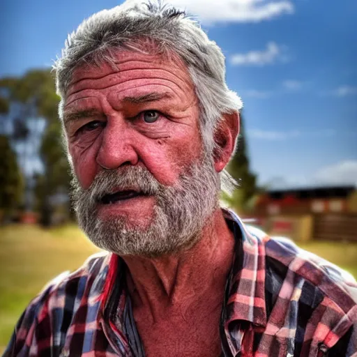 Image similar to john jarrat as mick taylor from wolf creek at a bunnings sausage sizzle, photorealistic, good lighting, award winning photograph