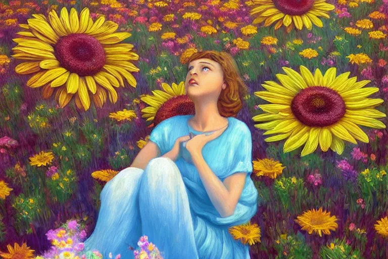 Image similar to giant daisy flower head, woman sitting, surreal, clouds in sky, impressionist painting, digital painting, artstation, rob gonsalves