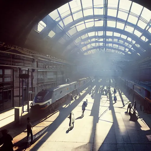 Image similar to an cavernous and expansive train terminal, sun rays coming in through windows, smoky and dusty air, people in a train station, photograph by hal morey, featured on cg society, light and space, volumetric lighting, matte drawing, global illumination