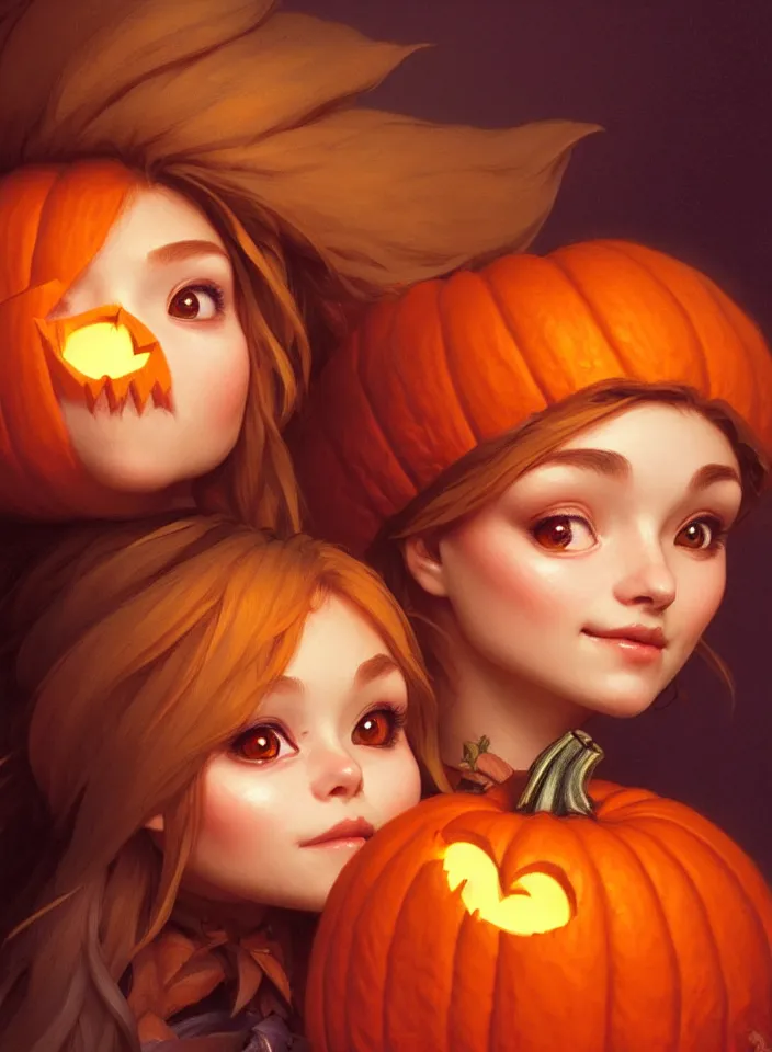 Image similar to hand drawn cute one gnomes face in autumn and pumpkin, detailed closeup face, concept art, low angle, high detail, warm lighting, volumetric, godrays, vivid, beautiful, trending on artstation, art by artgerm and greg rutkowski and alphonse mucha