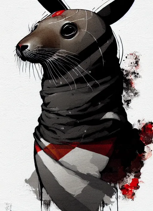 Image similar to highly detailed closeup portrait of a sewer white baby seal, tartan blanket, black mohawk by atey ghailan, by greg rutkowski, by greg tocchini, by james gilleard, by joe fenton, by kaethe butcher, gradient red, black, brown and white color scheme, grunge aesthetic!!! white graffiti tag wall background