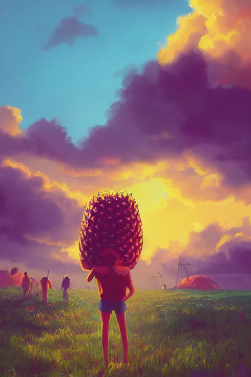 Prompt: closeup, big pineapple head, girl surrounded by djungle, surreal photography, golden hour, colorful clouds, impressionist painting, digital painting, artstation, simon stalenhag