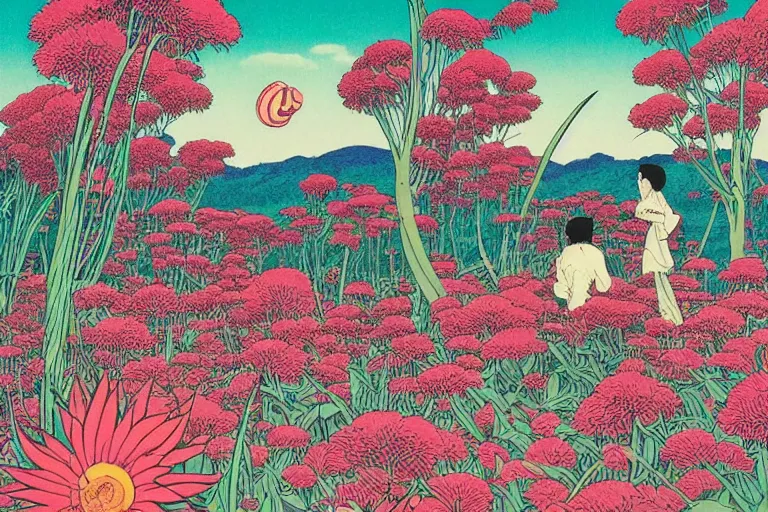 Image similar to gigantic cats catch gigantic dragonflies, a lot of exotic flowers around, heads are all over the ground, acid and dreaming psychedelic hallucinations, risograph by kawase hasui, dirtyrobot, edward hopper, satoshi kon and moebius, colorful flat surreal design, super - detailed, a lot of tiny details, fullshot