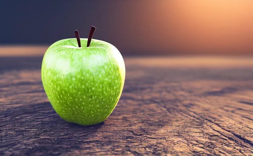 Image similar to a macro photo of a green apple on a wooden table at sunrise, hyperrealistic, some trees in the background, dof, octane render, unreal engine 5, trending on artstation, high quality, highly detailed, 8 k, soft lighting, path traced, beautiful, harmonious, complementary colors, serene scene, bloom, godrays, concept art