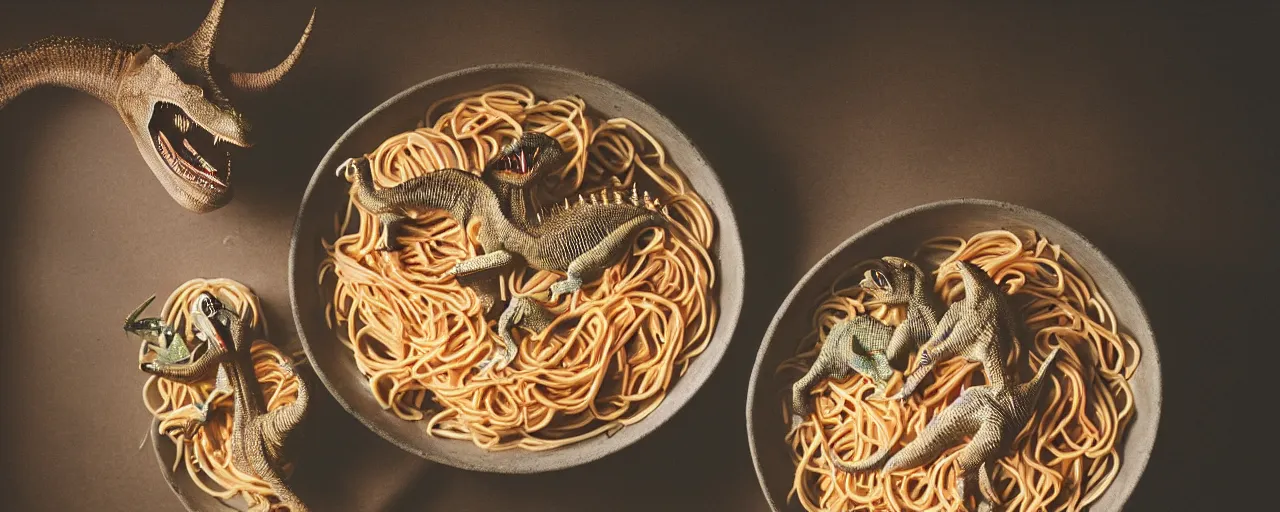 Image similar to two dinosaurs fighting to the death, inside a bowl of spaghetti, canon 5 0 mm, cinematic lighting, photography, retro, film, kodachrome