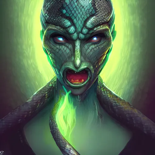 Image similar to snake-face lady, snake-face lady, snake-face lady, epic fantasy digital art, fantasy style art, fantasy hearthstone art style