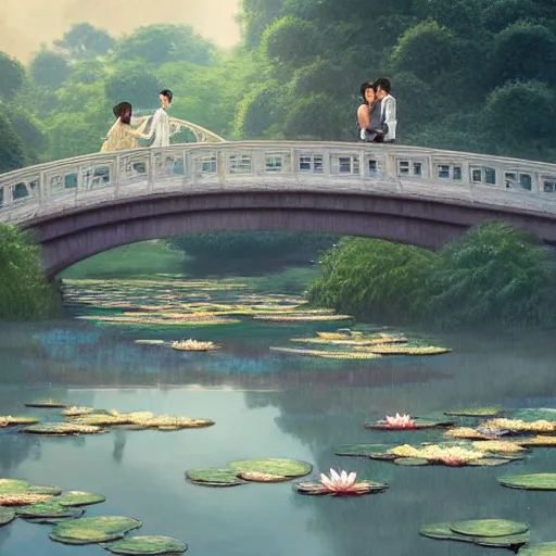 Image similar to a couple on the bridge close to the river with a lot of water lily made by studio ghibli highly detailed, digital painting, artstation, concept art, smooth, sharp focus, illustration, art by artgerm and greg rutkowski and alphonse mucha