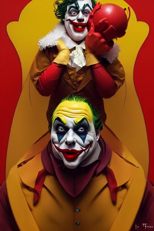 Image similar to a very fat sinister looking joker dressed in yellow and red rubber latex Ronald Macdonalds costume, fantasy, intricate and very very beautiful and elegant, highly detailed, digital painting, artstation, concept art, smooth and sharp focus, illustration, art by tian zi and WLOP and alphonse mucha