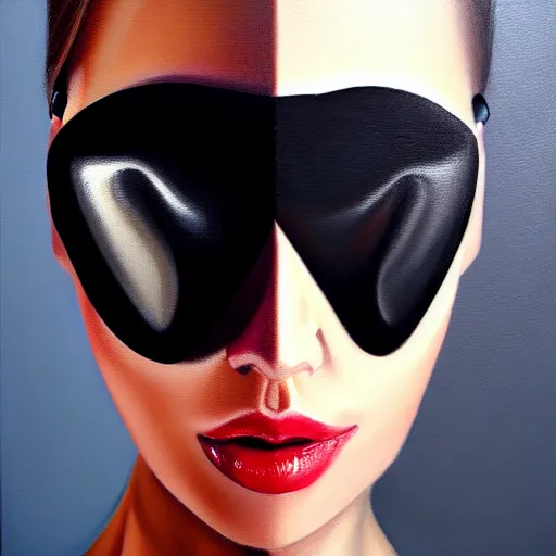 Image similar to fashion model with half robot face, hyperrealism oil painting