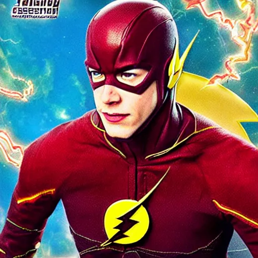 Prompt: a photo of a trading card featuring dc comics'the flash, vibrant superhero comic style art, highly detailed, legible text, pokemon trading card game