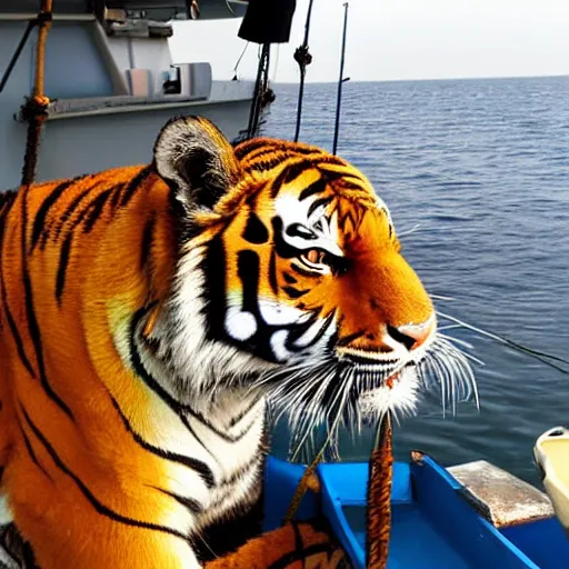 Image similar to tiger caught by fishing boat, zenith view,