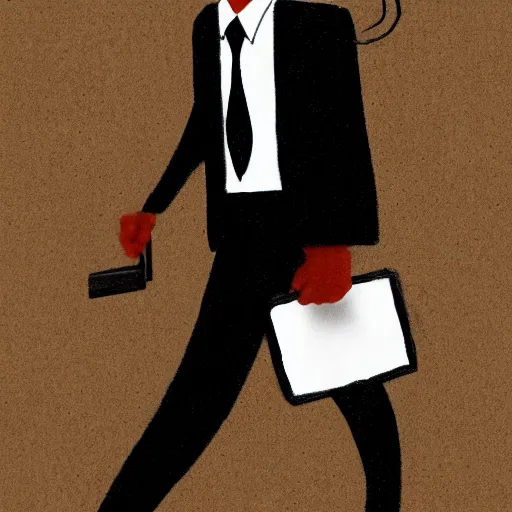 Image similar to 3D photorealistic pencil drawing of a cat in a suit with a briefcase on his way to work