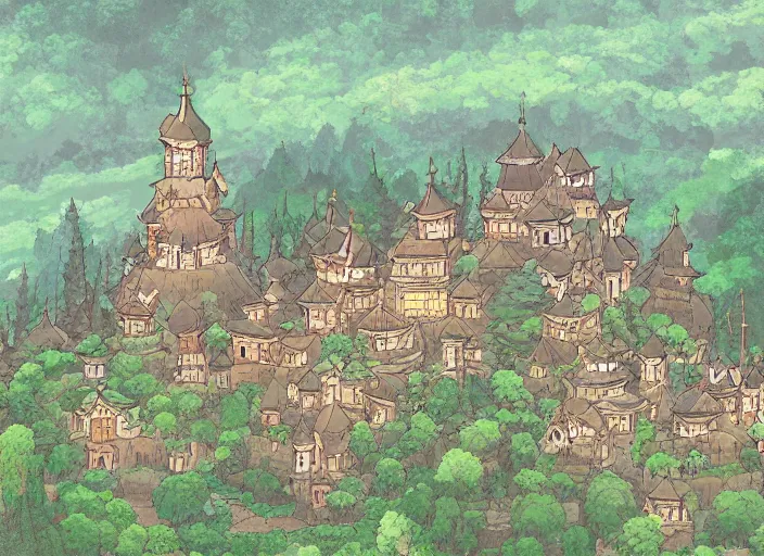 Image similar to view of a monastery on a forested mountain, in the style of studio ghibli, distant, detailed, artstation, award winning illustration,