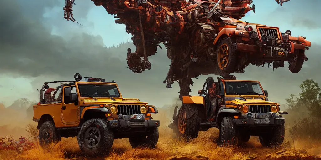 Image similar to Mahindra thar, malayalis attacking, furious action scene, an epic fantasy, dramatic lighting, cinematic, establishing shot, extremely high detail, photorealistic, cinematic lighting, matte painting, artstation, by simon stalenhag, horizon zero dawn