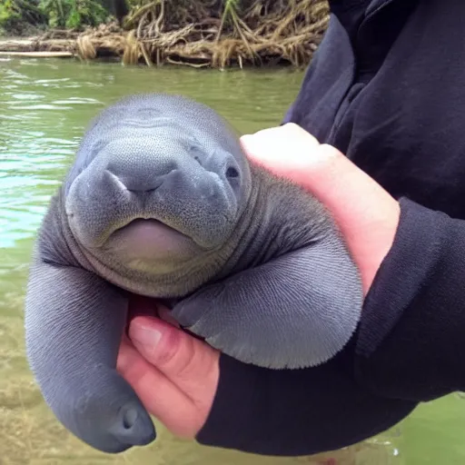 Image similar to incredibly fantastically stupendously fluffy tiny pygmy baby manatee being cradled by a person, realistic, fantasy, pet, adorable, national geographic