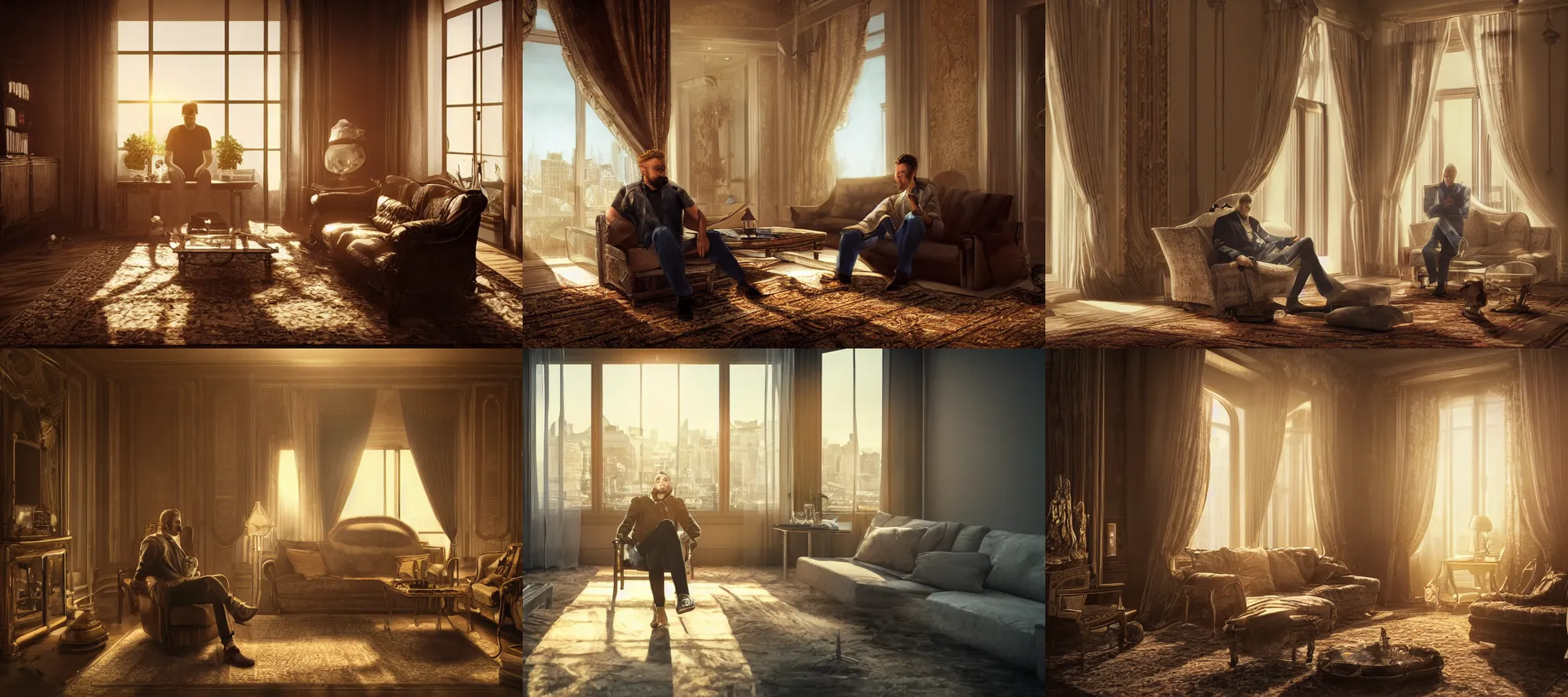 Prompt: highly detailed render of a man sitting in a lavish apartment, evening, vignette, backlight, sunlight, global illumination, ray tracing reflections, by aleksi briclot