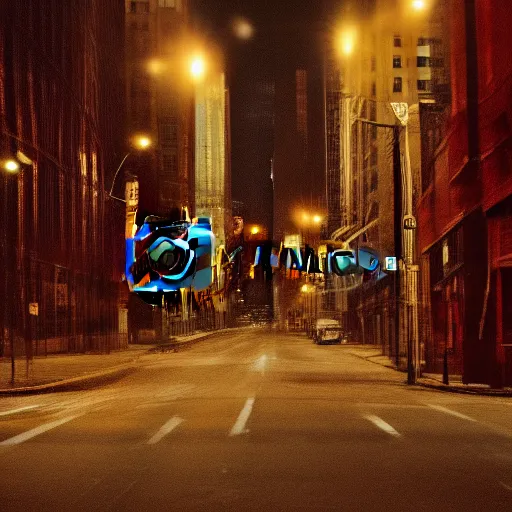 Image similar to color photograph, highly detailed abandoned New York city street at night after the war between humans and AIs, film grain, soft vignette, sigma 85mm f/1.4 1/10 sec shutter, film still promotional image, IMAX 70mm footage